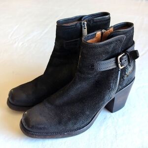Pantanetti Heeled Buckled Distressed Black Leather Moto Booties Women's 38